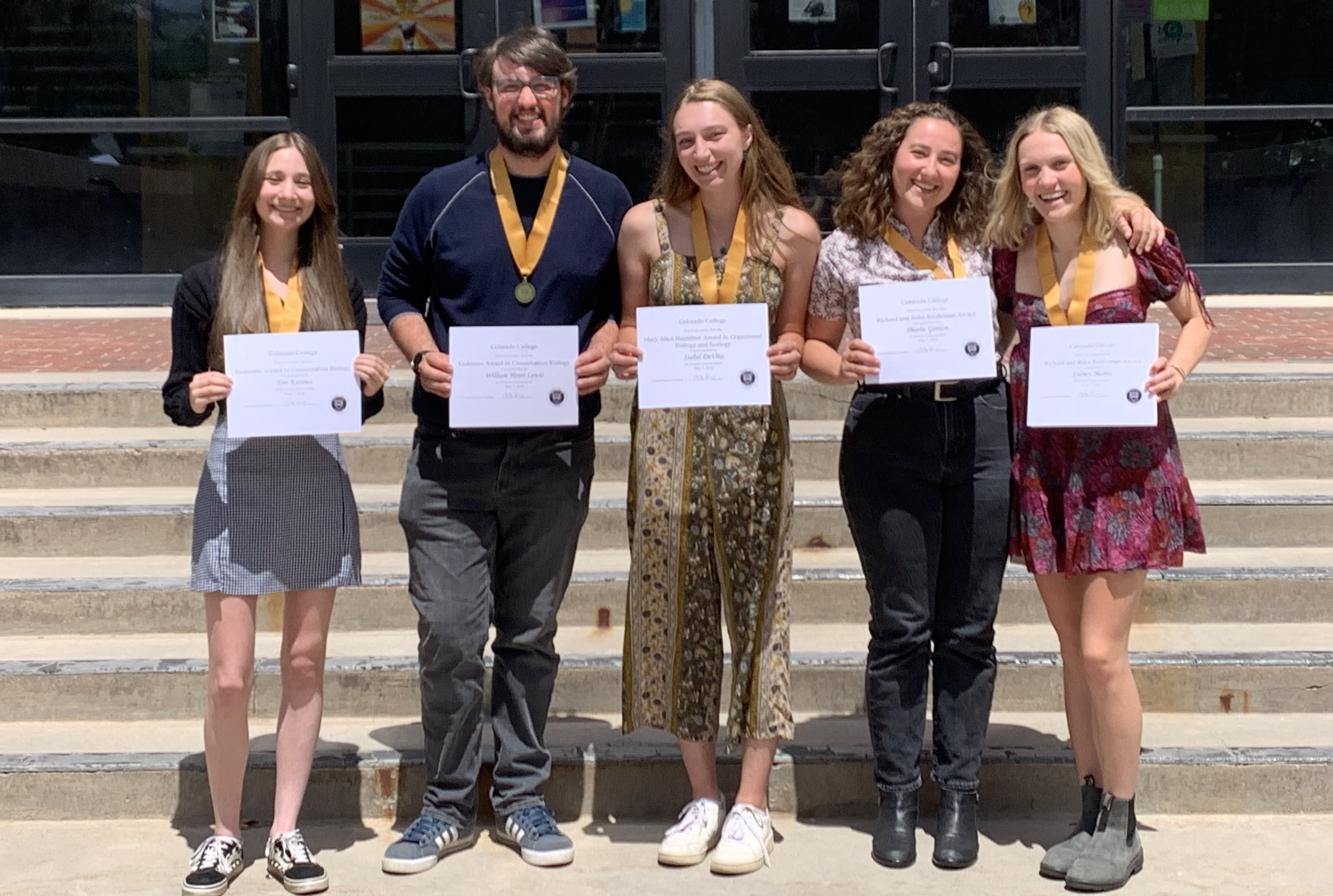 OBE seniors Eve Karowe, William Lewis, Isabel Devito, Phoebe Gordon and Sydney Morris (left to right) received departmental awards at the 2024 Honors convocation, congratulations!