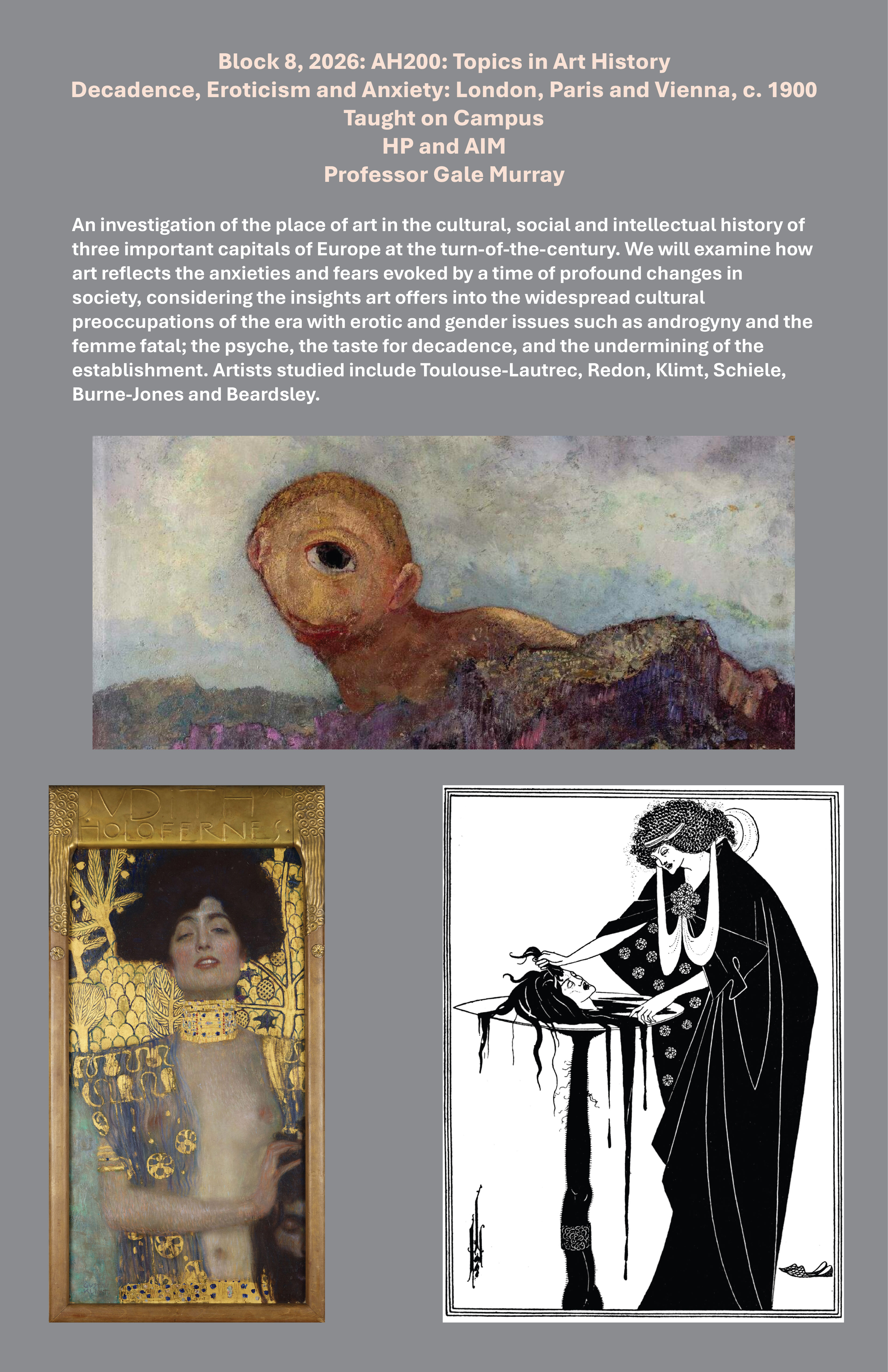 Gray poster with three images and the course description