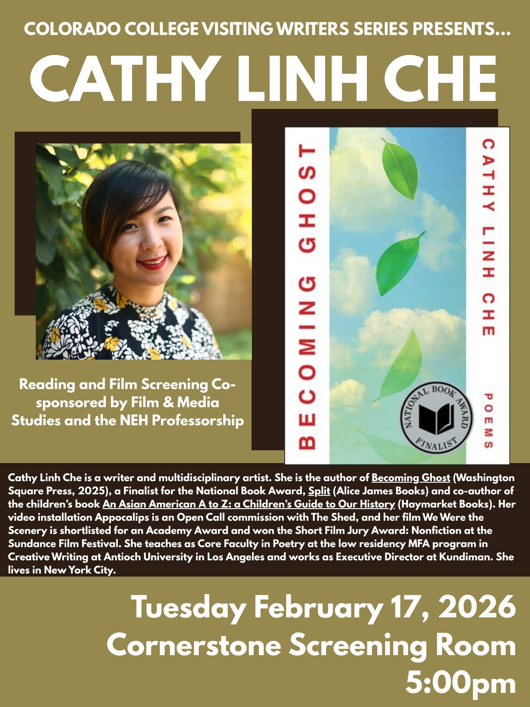 A photo of Cathy as well as a photo of her book "Becoming Ghost"