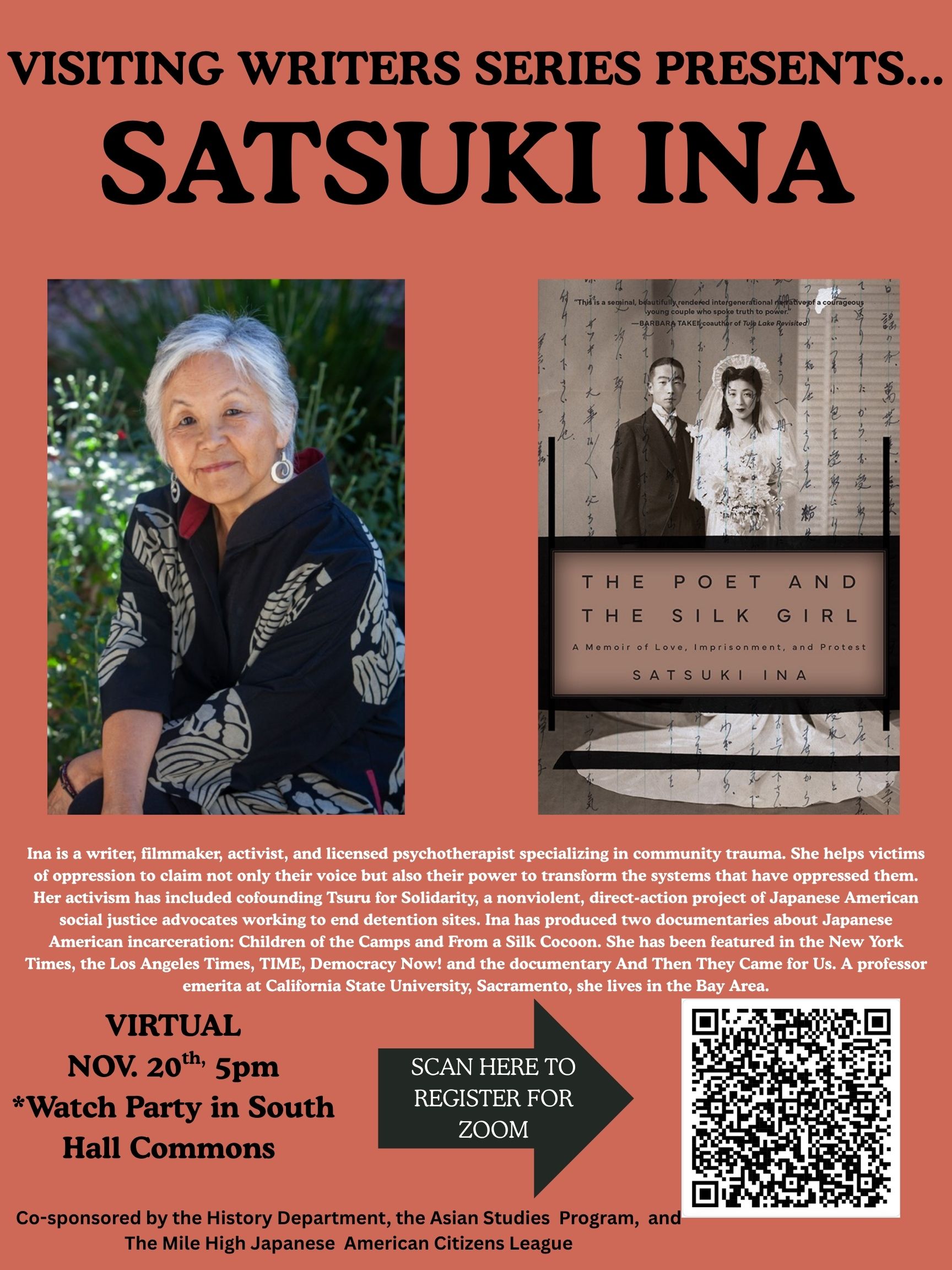 Satsuki and a photo of her book cover. 