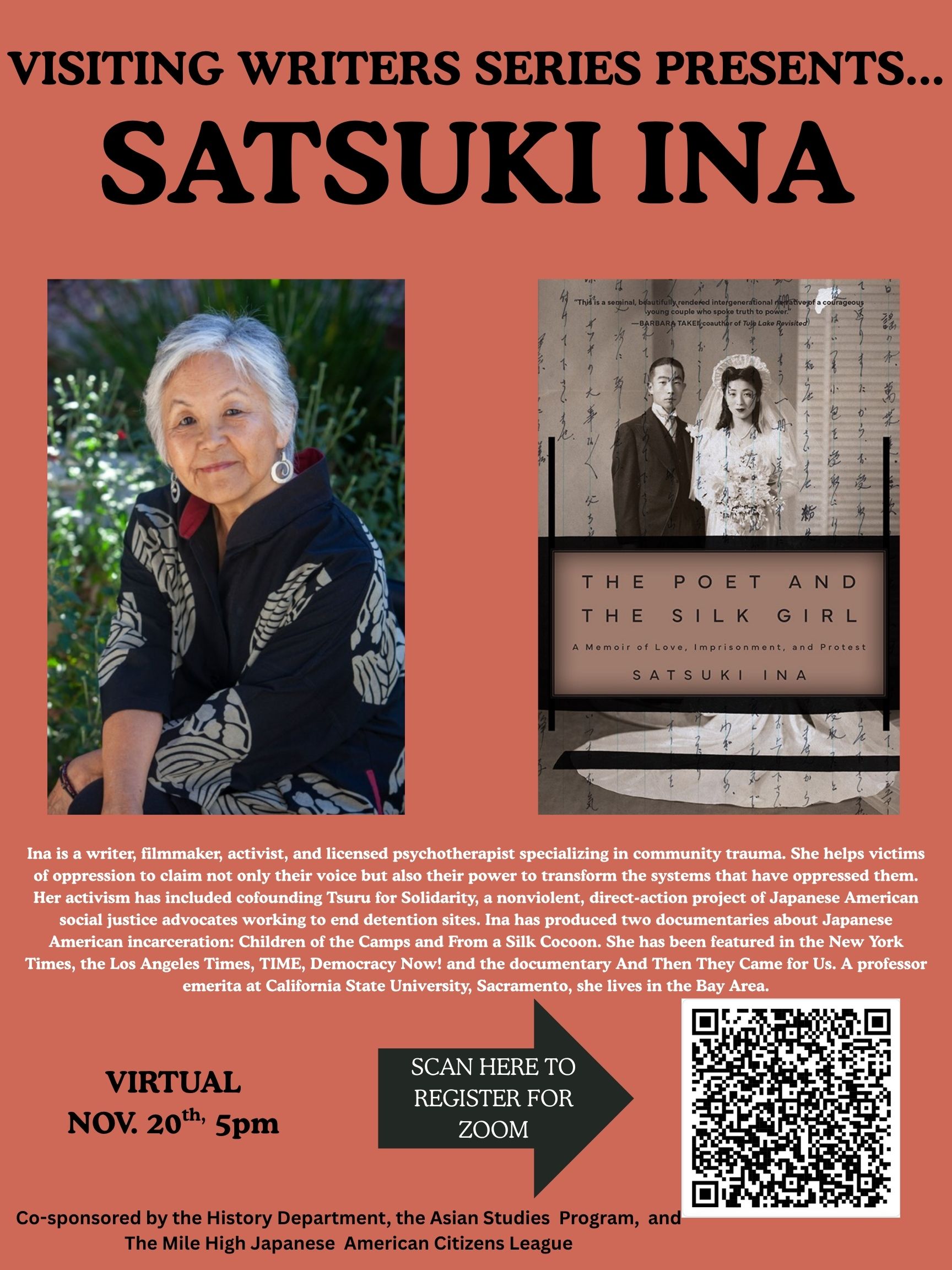 Photo of satsuki. A cover of her book. And a QR Code for the zoom link