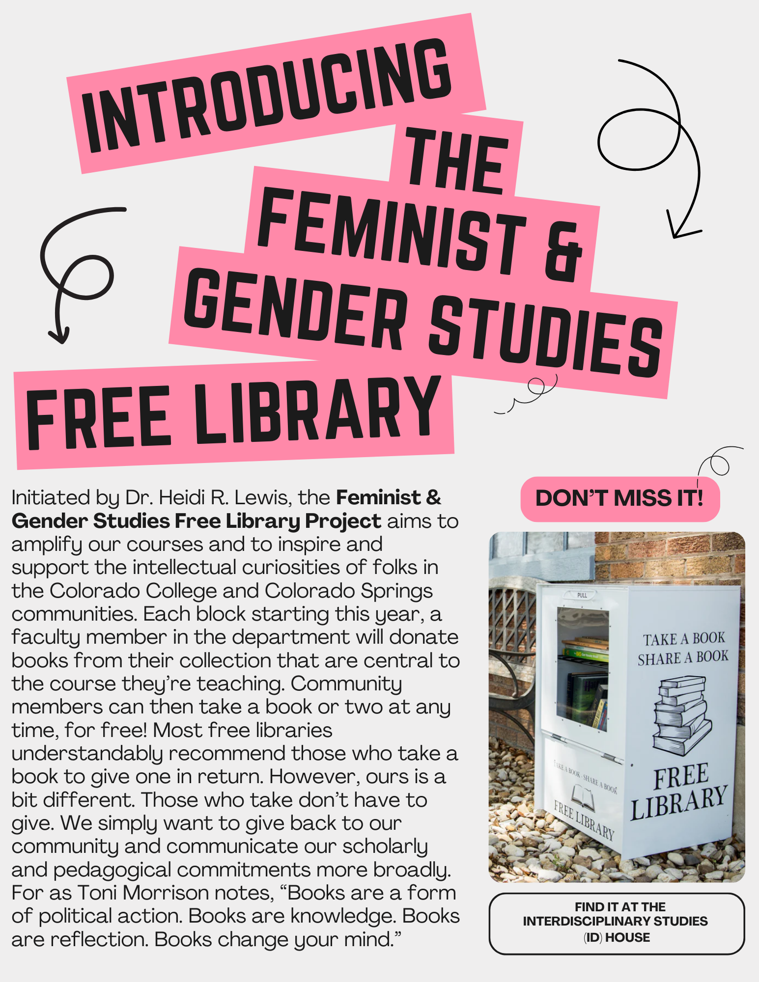 Introducing the Feminist and Gender Studies Little Free Library! Image of a library box and same text as contained on this page.