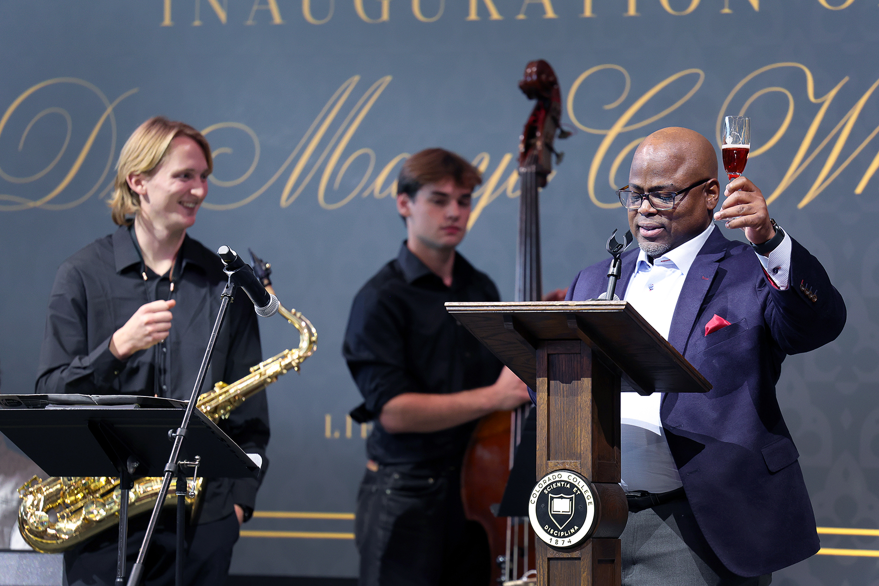 Board of Trustees Chair Kyle Samuel '92 gives a toast to President Whitaker at the lunch reception in Ed Robson Arena after the Inauguration Ceremony on November 8, 2025. Photo by Jamie Cotten / Colorado College
