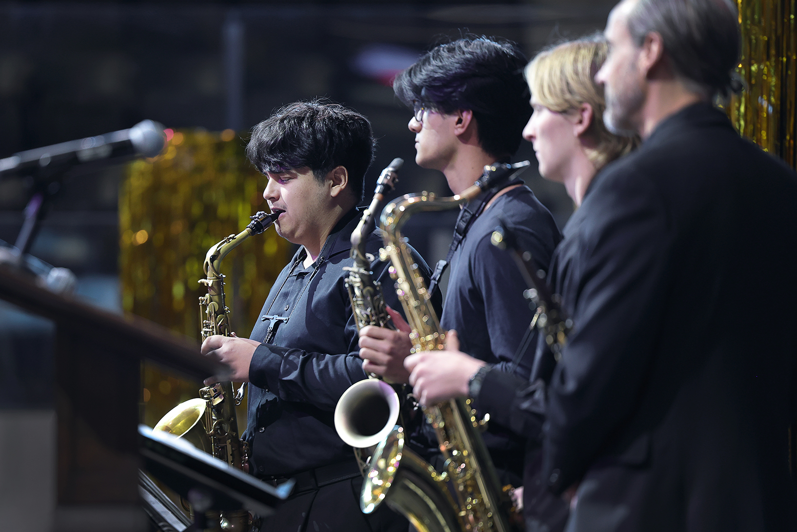The Tiger Jazz Ensemble directed by Ricky Sweum, performed many of President Whitaker's favorite songs throughout the Inauguration Ceremony in Richard Celeste Theatre, and at the lunch reception which followed at Ed Robson Arena. Photo by Jamie Cotten / Colorado College