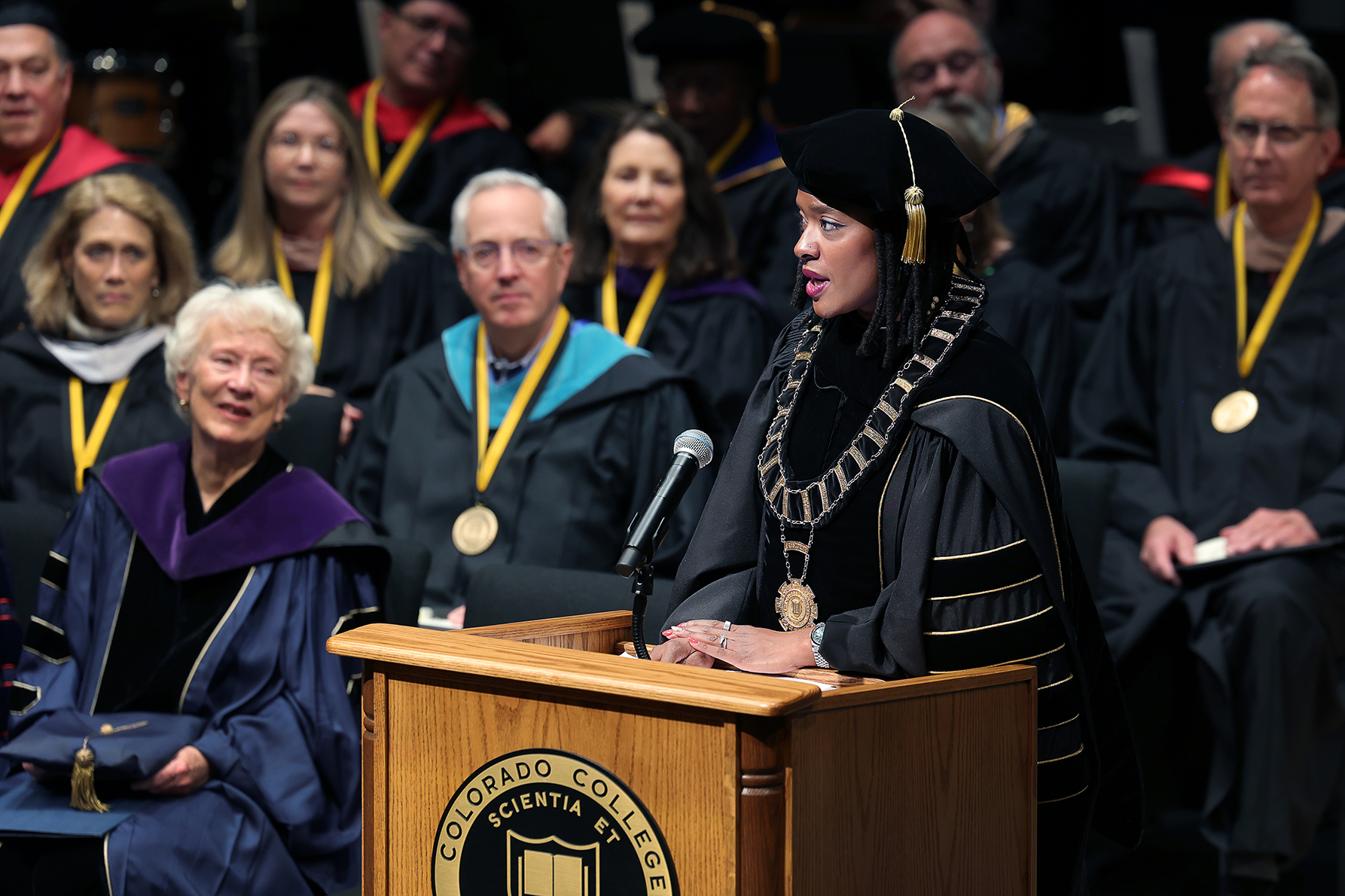 President Manya Whitaker shares her story of growing up in a family of teachers as she speaks to the audience at her Presidential Inauguration on November 8, 2025 in Richard Celeste Theatre. Photo by Jamie Cotten / Colorado College