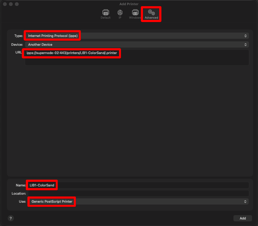 Screen grab of macOS advanced add printer dialog box
