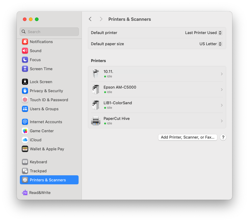 Screen grab of macOS printers pane with the add printer, scanner, or fax butotn