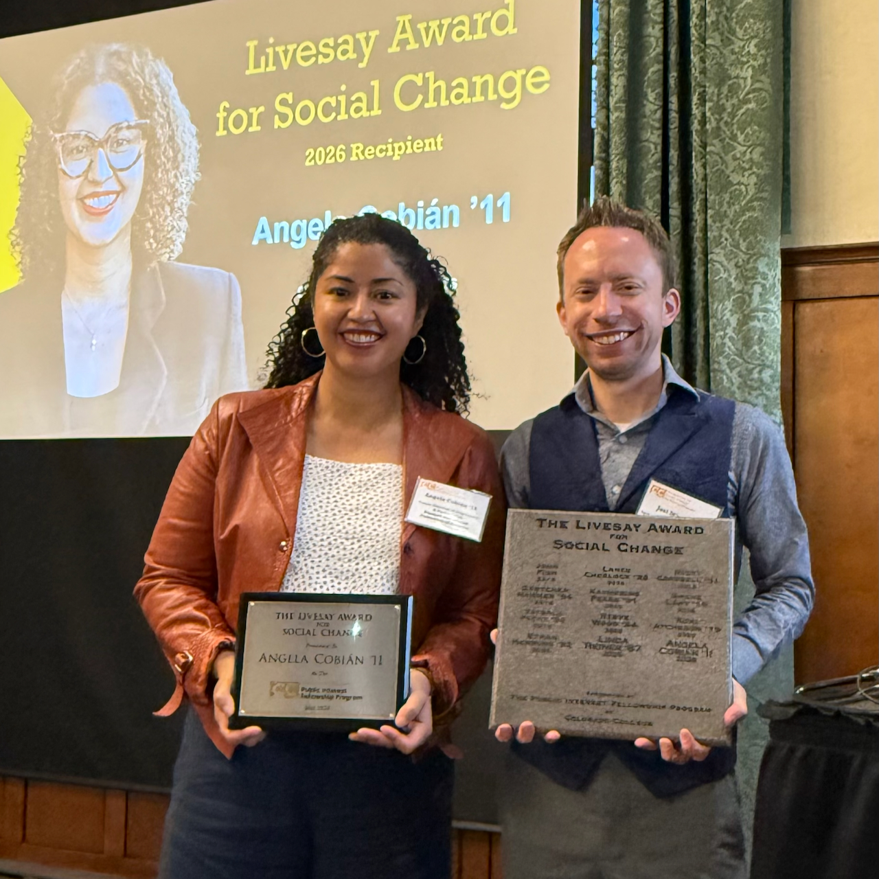 Angela Cobian '11, 2026 Livesay Recipient (left), and Award Presenter Joel Minor '11 (right)
