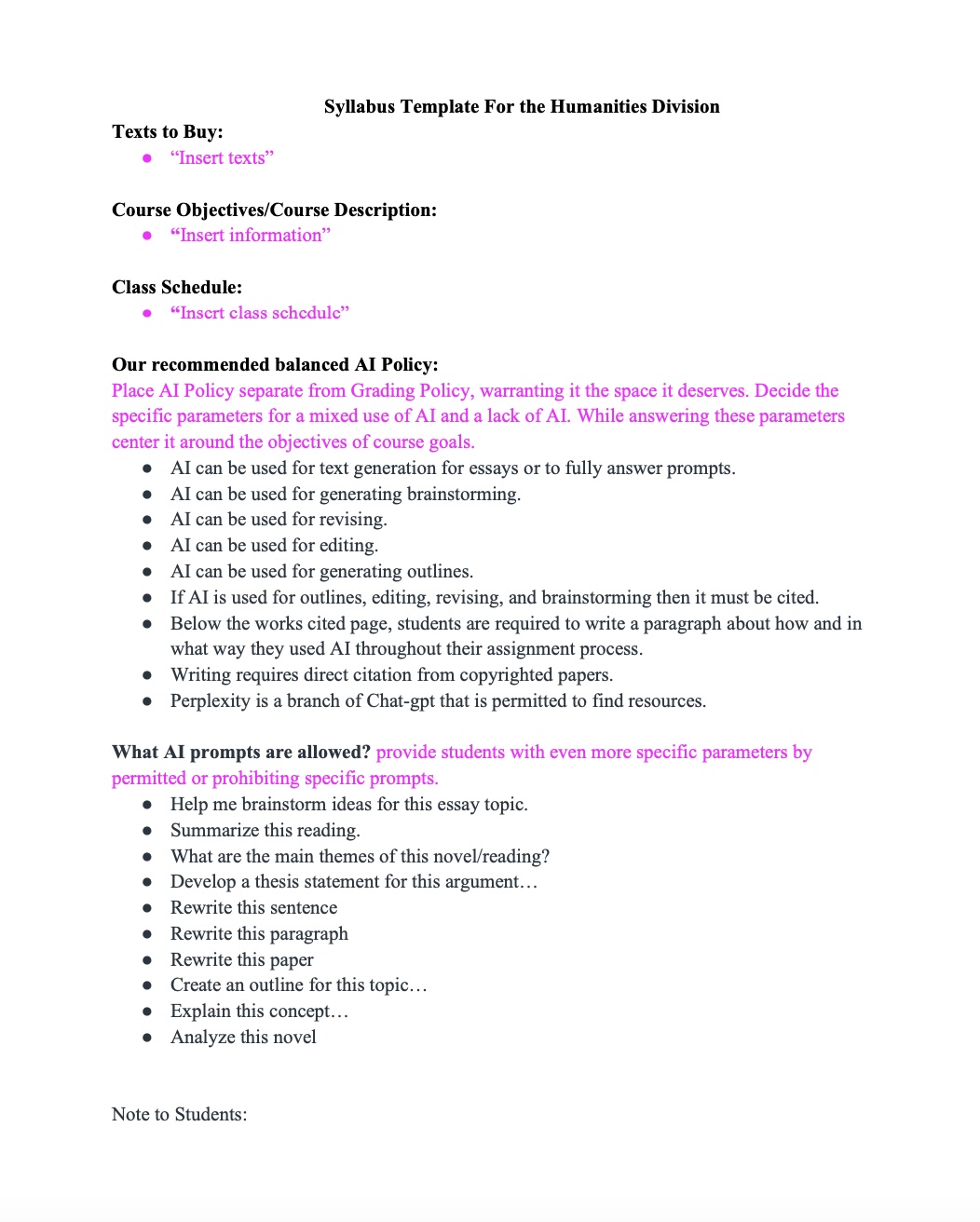 Lucia Metz '28, Kate Pulley '28, Maggie Ryan '28, and Max Vota '26 designed a syllabus template for the Humanities Division for their AI Syllabus Audit recommendation and report assignment. 