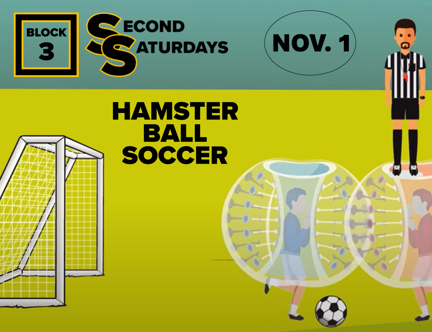 soccer field with two hamster ball soccer players and a referee