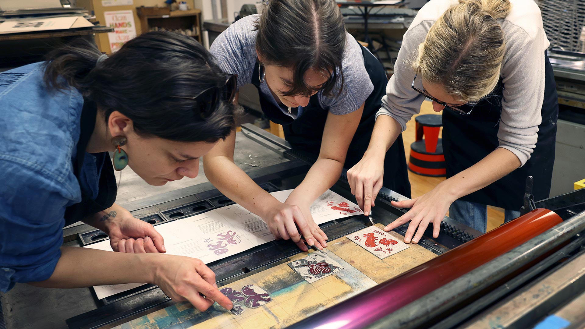 Students attend a class for HY200: The History and Future of the Book at The Press at Colorado College during a Half Block.