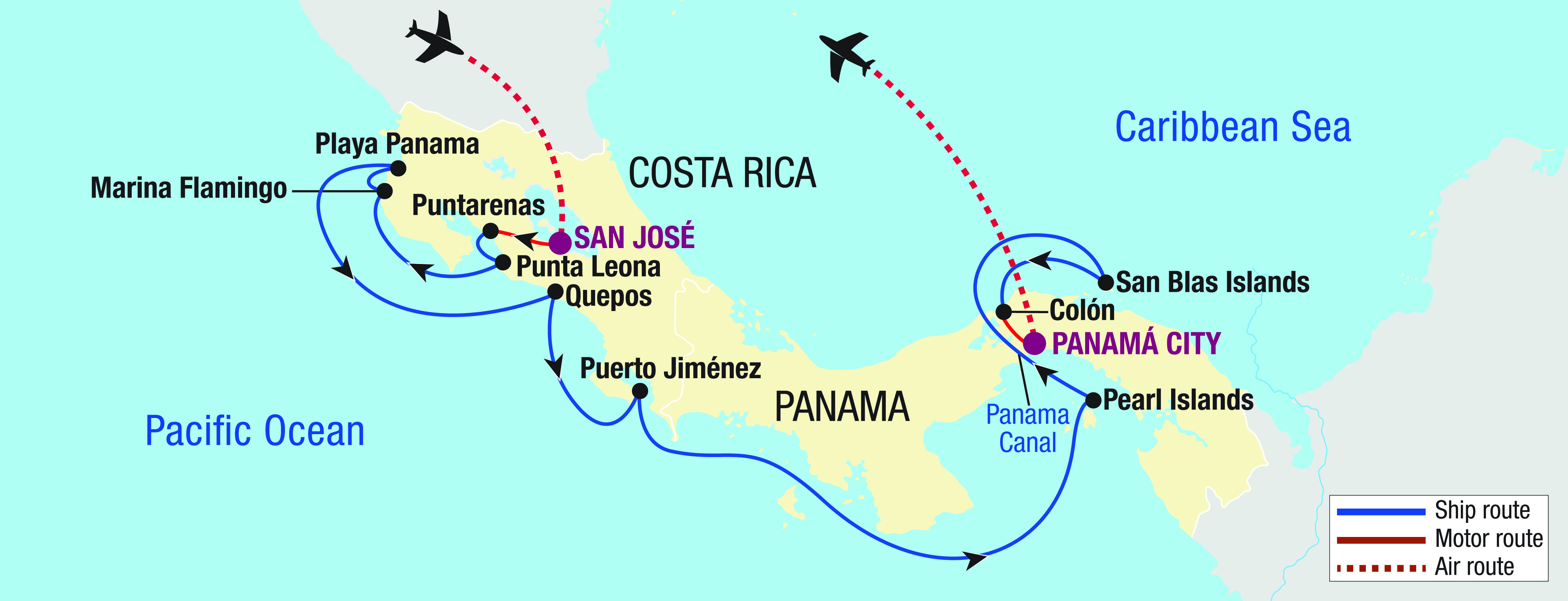 A map that shows the travel path outlined in the itinerary above.