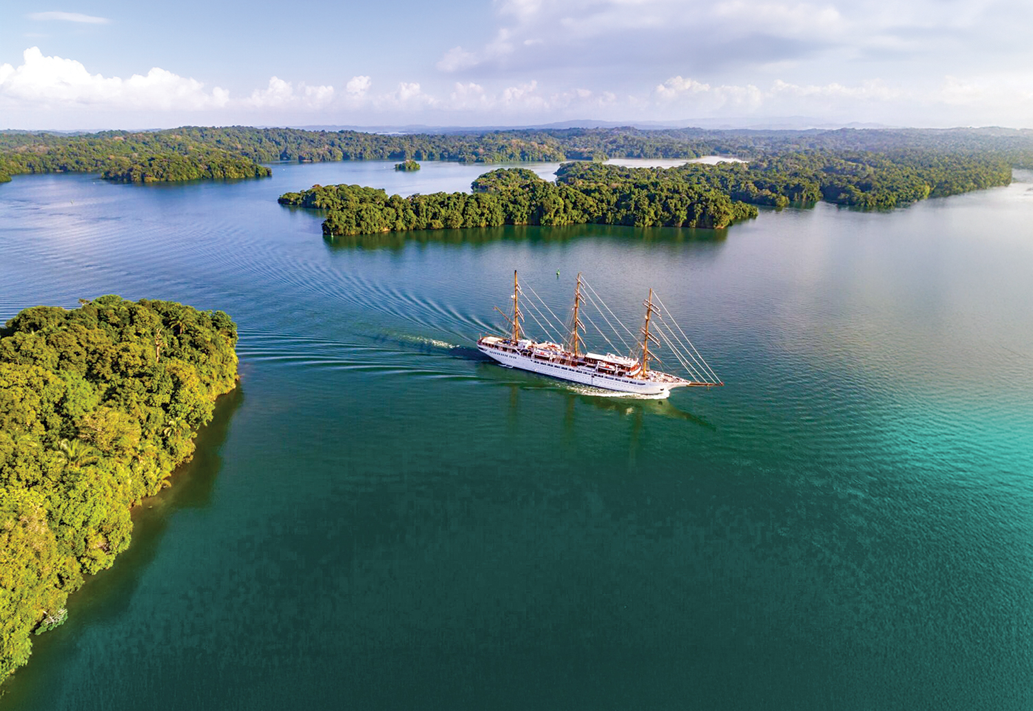 SEA CLOUD SPIRIT sailing through the mouth of the Panama Kanal.